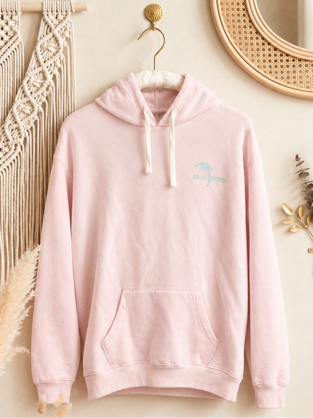 Billabong Women's Soft Pink & Blue Palm Tree Hooded Sweatshirt